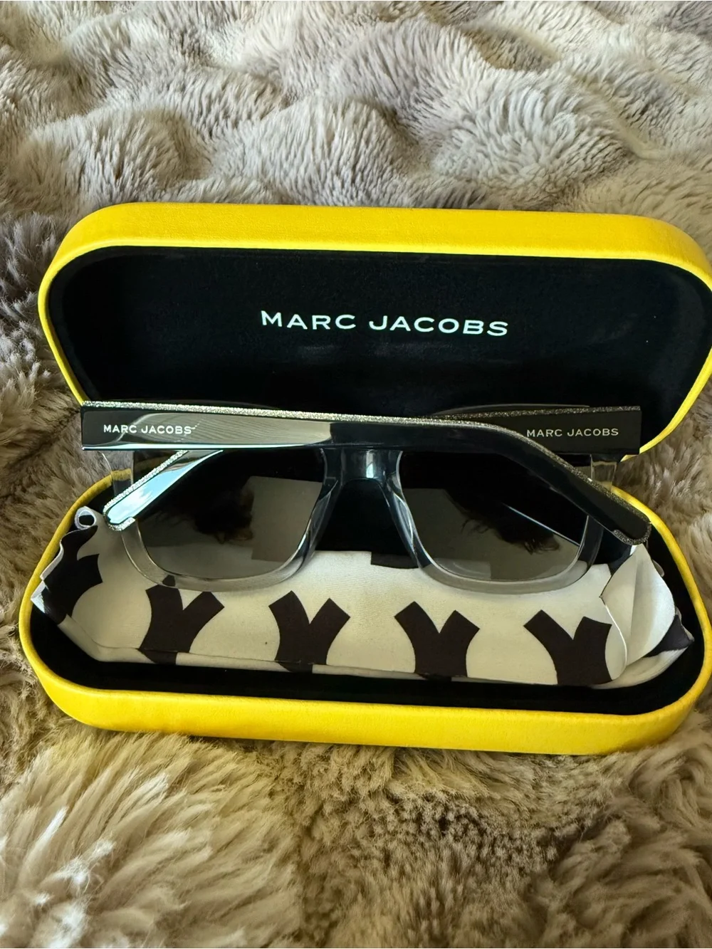 Marc Jacobs Clear Frame Sunglasses with Black Lenses and Yellow Case